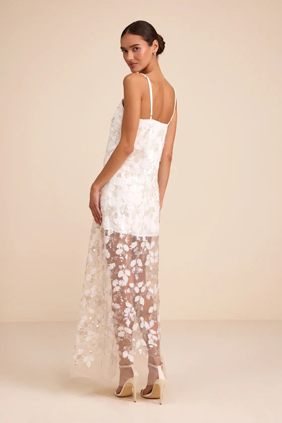 Cassie White Sequin Embroidered Sheer Hem Maxi Dress