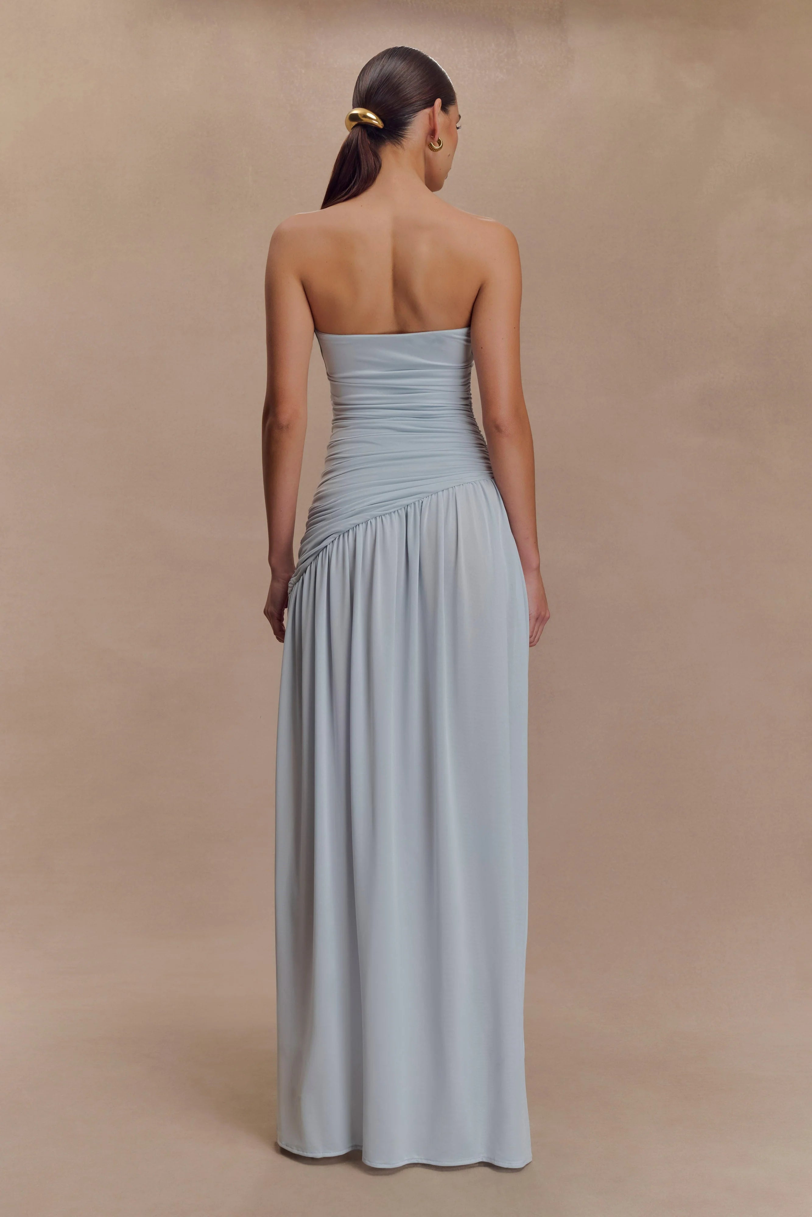 Bex Strapless Slinky Maxi Dress With Split - Pale Blue