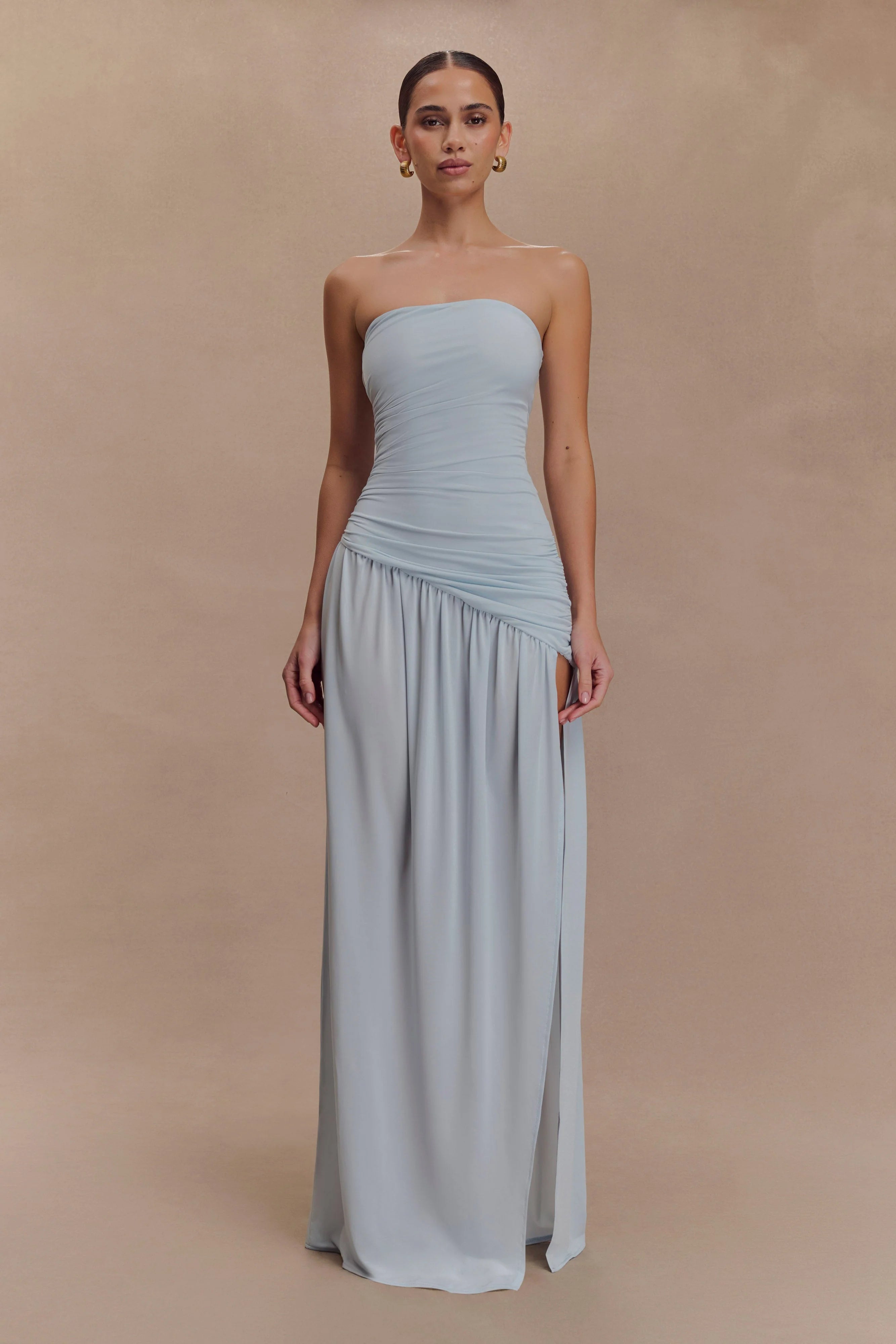 Bex Strapless Slinky Maxi Dress With Split - Pale Blue